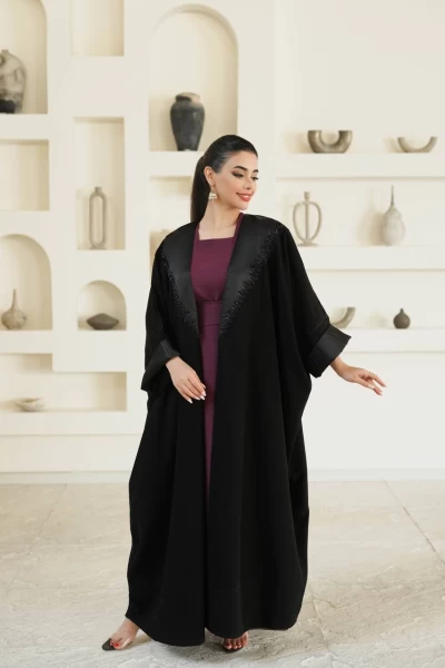 Crepe abaya with black satin and embroidery C:IB284 Black